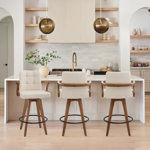mekliba 26 beige barstool set of 3leather upholstered bar chair swivel bar stools with back and armsmodern counter height bar stools for kitchen island
