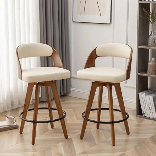 mekliba barstools set of 2bar height bar stools for kitchen island303 inch modern upholstered bar chair swivel bar stools with back and wood legs beige pu